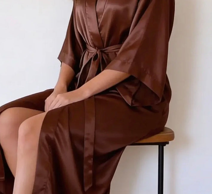 Chocolate Satin Kimono Robe – Elegant Loungewear