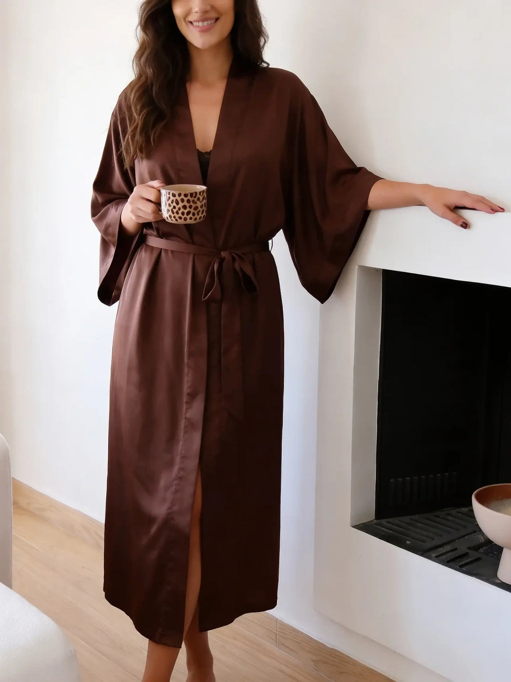 Chocolate Satin Kimono Robe – Elegant Loungewear