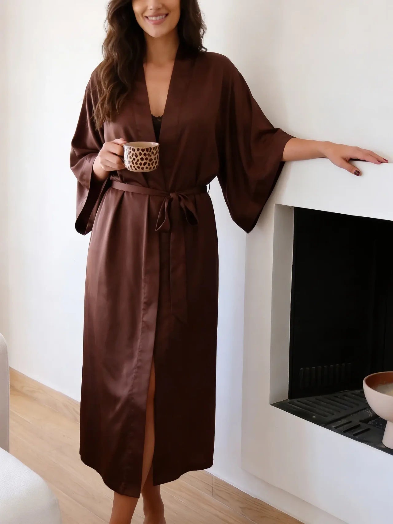 Chocolate Satin Kimono Robe – Elegant Loungewear