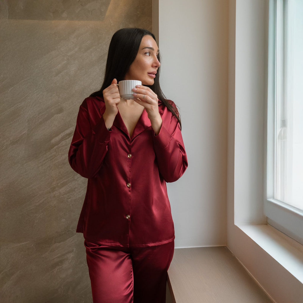Silk Satin Pajama Set – Deep Red