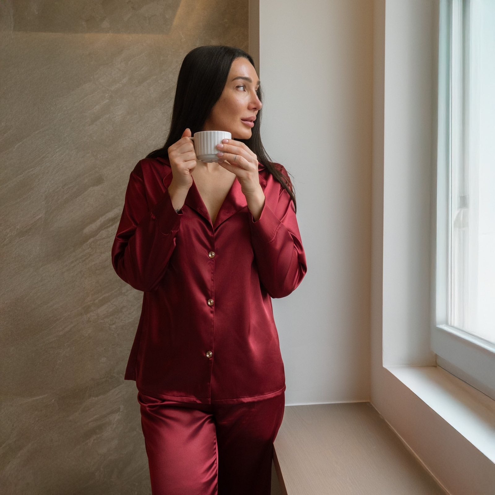 Silk Satin Pajama Set – Deep Red